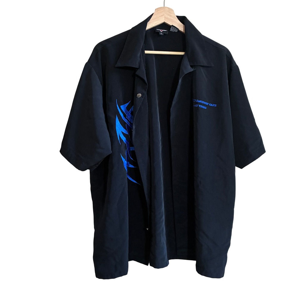 Harley-Davidson Cafe Las Vegas Button Up Shirt L Black Mens Tribal Blue Logo
